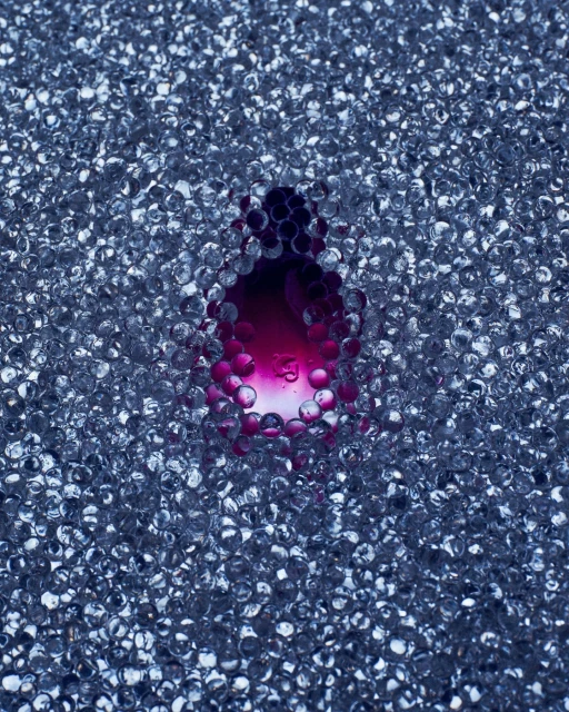 A clear orb surrounds a pool of magenta liquid, resting upon a bed of many small, clear, iridescent, spherical beads with diffused lighting.
