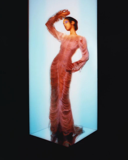 Elegant woman in a floor-length, semi-transparent gown posing in a translucent cube with a light blue background and a black border.