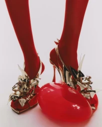 Close-up of legs wearing bright red tights and metallic gold slingback heels standing on a plain white backdrop with a red object.