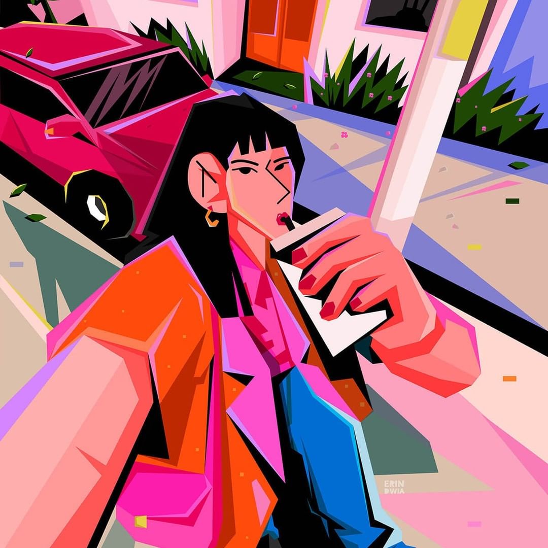 Illustration of a stylish woman drinking from a cup in an urban setting with a pink car in the background, rendered in bold geometric style.