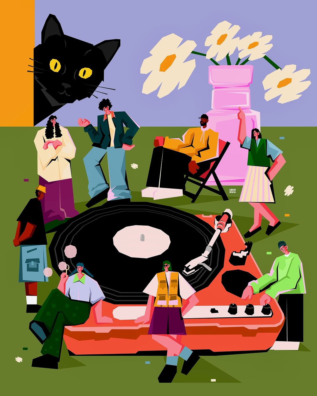 Stylized illustration of a black cat peeking over a wall, with a group of young adults surrounding a turntable in a grassy setting.