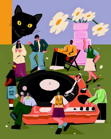 Stylized illustration of a black cat peeking over a wall, with a group of young adults surrounding a turntable in a grassy setting.