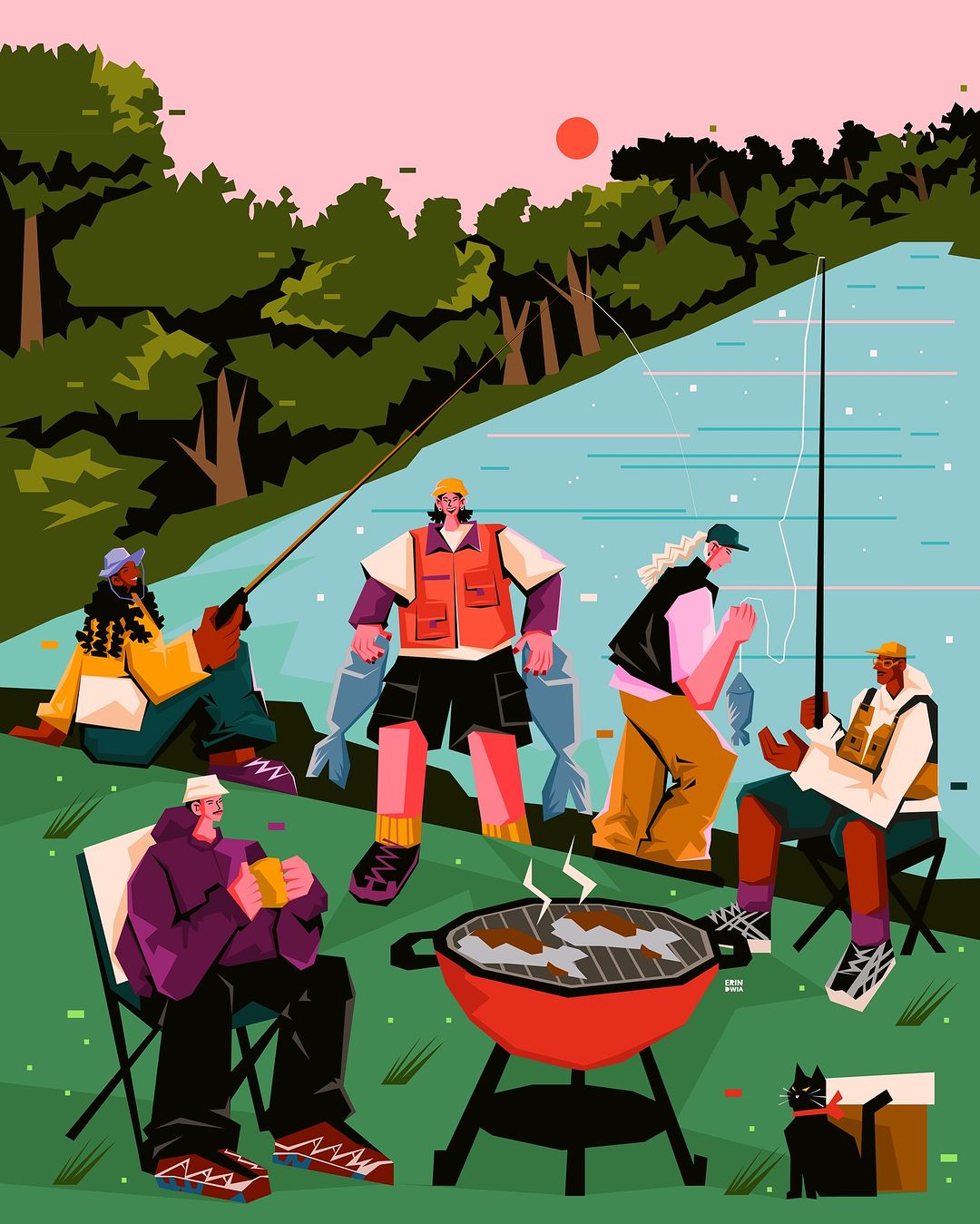 Illustration of five adults fishing and cooking fish near a lake, featuring fishing poles, a red grill, a black cat, and a forest background.