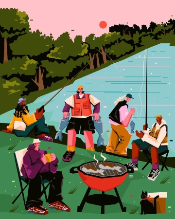 Illustration of five adults fishing and cooking fish near a lake, featuring fishing poles, a red grill, a black cat, and a forest background.