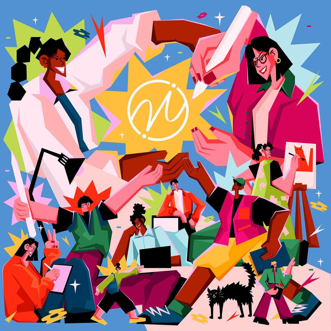 Diverse group of adults in colorful digital art, featuring people working, drawing, and using technology, set against a blue background.