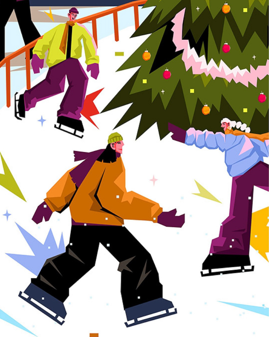 Illustration of people ice skating around a decorated Christmas tree on an outdoor rink with scattered geometric shapes for a festive look.