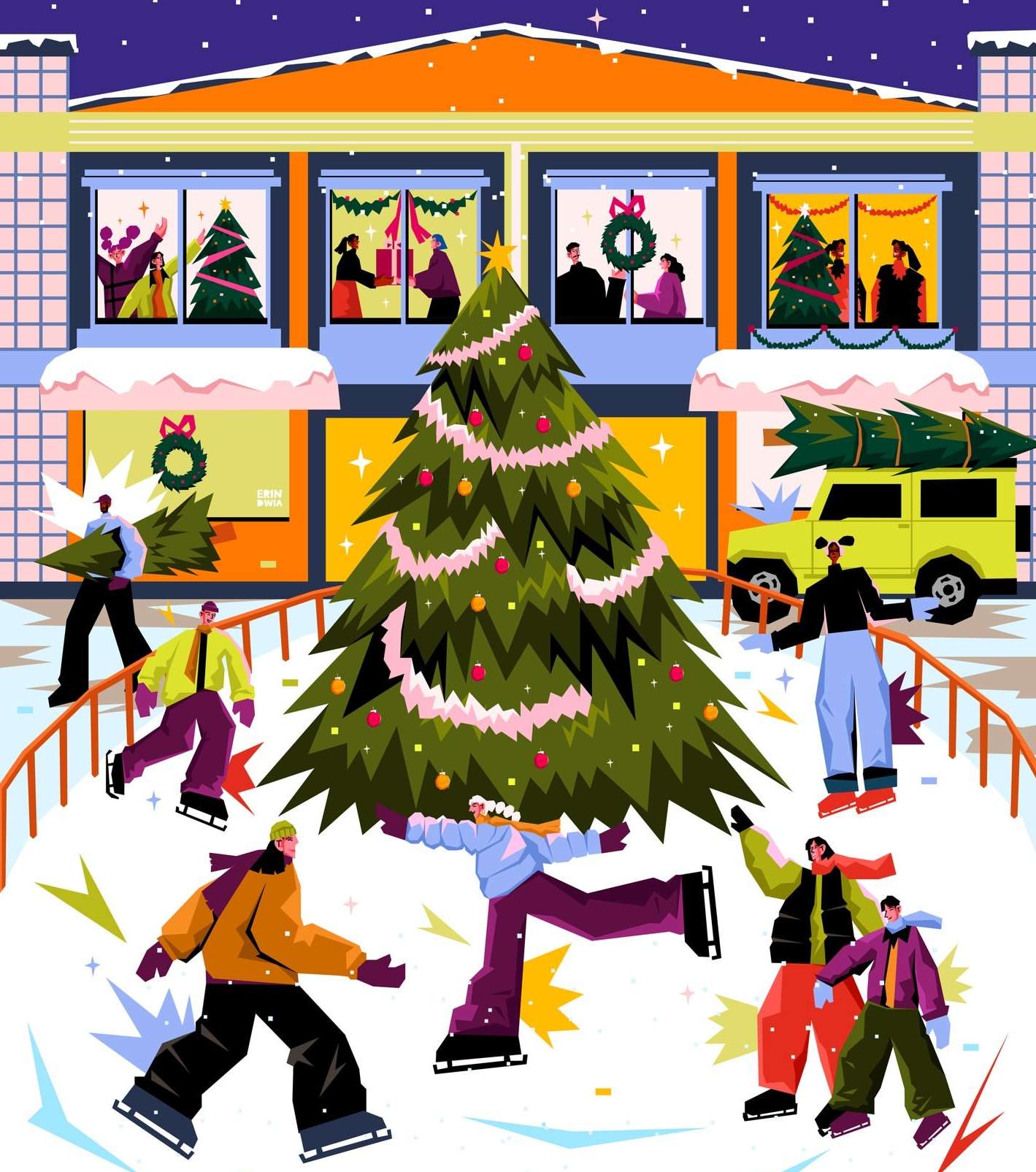 Festive illustration of an outdoor ice rink scene featuring people skating around a decorated Christmas tree in front of shops.