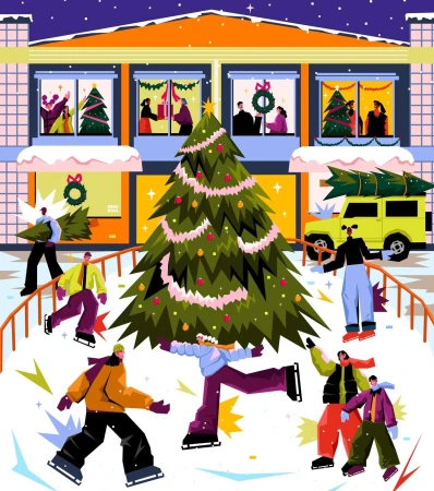 Festive illustration of an outdoor ice rink scene featuring people skating around a decorated Christmas tree in front of shops.
