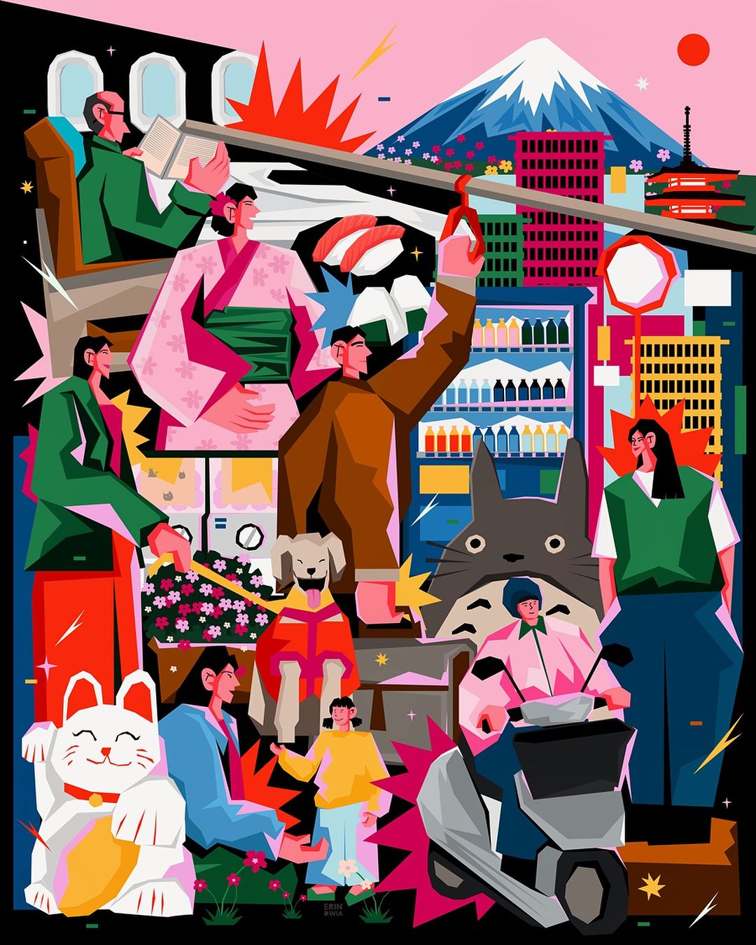 Vibrant illustration of Tokyo cityscape with diverse people, Mount Fuji backdrop, blending modern cityscapes and cultural elements.