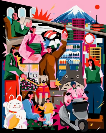 Vibrant illustration of Tokyo cityscape with diverse people, Mount Fuji backdrop, blending modern cityscapes and cultural elements.
