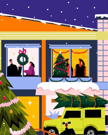 Festive illustration showing families in apartments with Christmas trees and wreaths, and a car with a tree on top.
