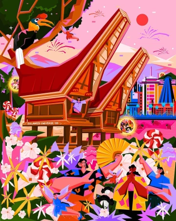 Illustration of traditional Toraja houses, flowers, and fairies in a vibrant, colorful scene with a smiling man looking out.