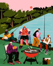 Illustrated group of people fishing and camping by a river with a red barbecue grill and a black cat, by Erin Dwia