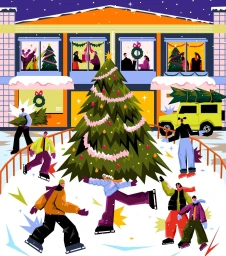 Illustrated festive street scene with people ice skating and carrying a large decorated Christmas tree by Erin Dwia