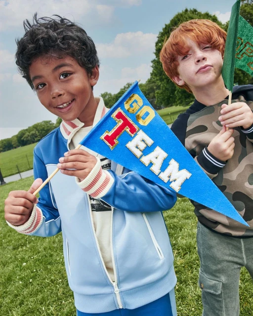 Two young boys stand outdoors on a grassy field, one holding a blue and gold pennant that reads 'Go Team', smiling at the camera.