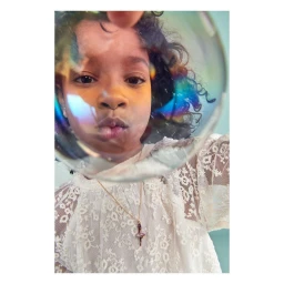 Close-up portrait of a child blowing a large soap bubble with iridescent colors reflecting on the surface.