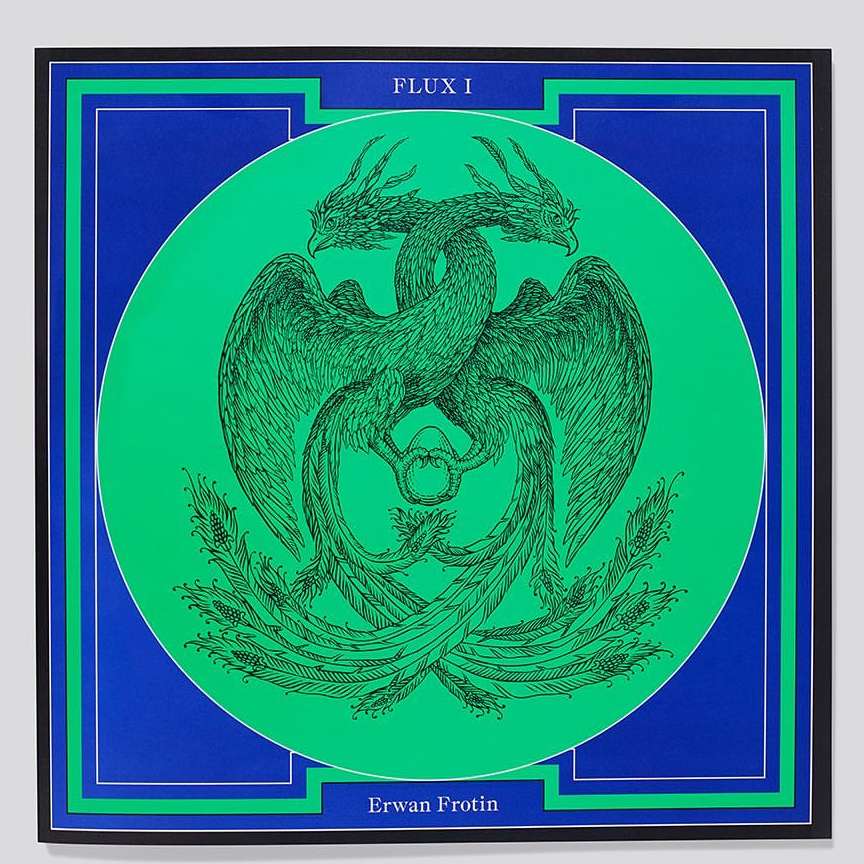 Illustration of a two-headed phoenix in green ink on a green circle, set against a blue square with black frame and geometric border.