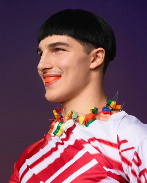 Stylish young man with bowl haircut smiles, wearing orange mouthguard and colorful necklace in a studio portrait against a purple backdrop.