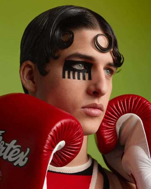 Headshot of adult male with black eye makeup and slicked-back hair with decorative loops posing with red boxing gloves against green background.
