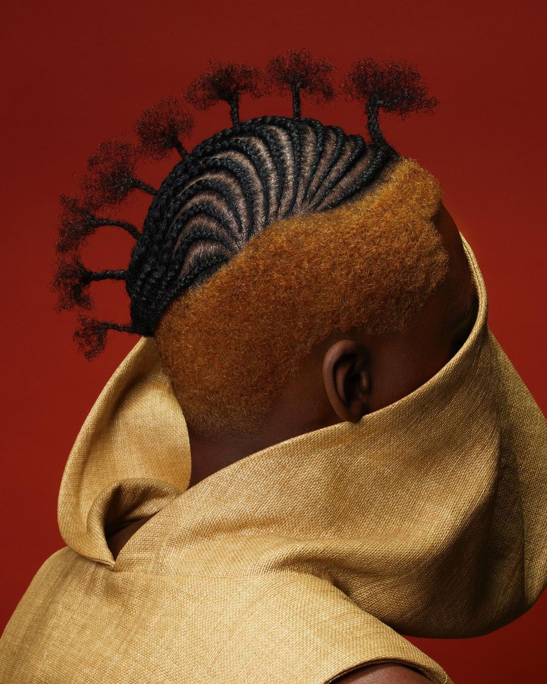 Portrait of a person with a creative hairstyle featuring tree-like braids, wearing a linen-like hooded garment against a red backdrop.