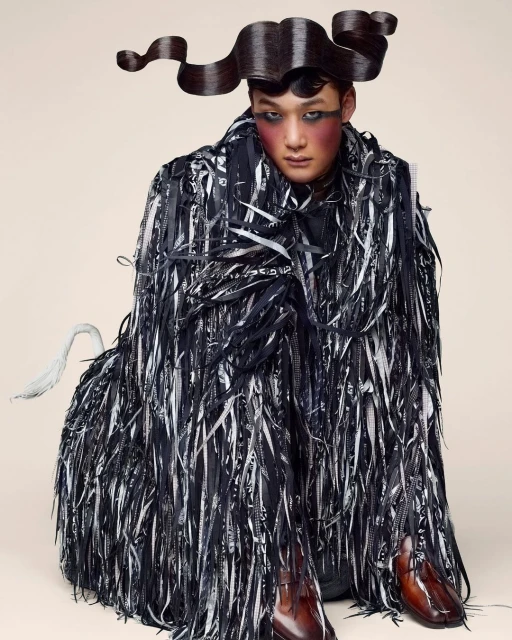 Asian adult male poses in an avant-garde fashion creation featuring a ribbon-fringed coat, unique hair styling, and bold makeup.