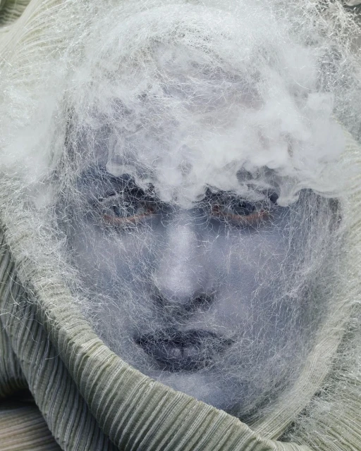Portrait of a woman with a light blue face, wrapped in textured fabric and covered by a sheer, web-like material.