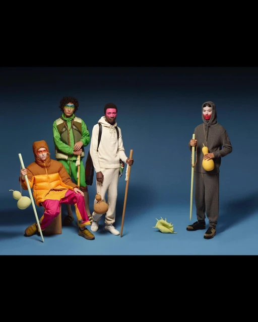 Four people in unique colourful outfits and face paint stand in front of a blue background, holding long sticks and gourd-shaped props.