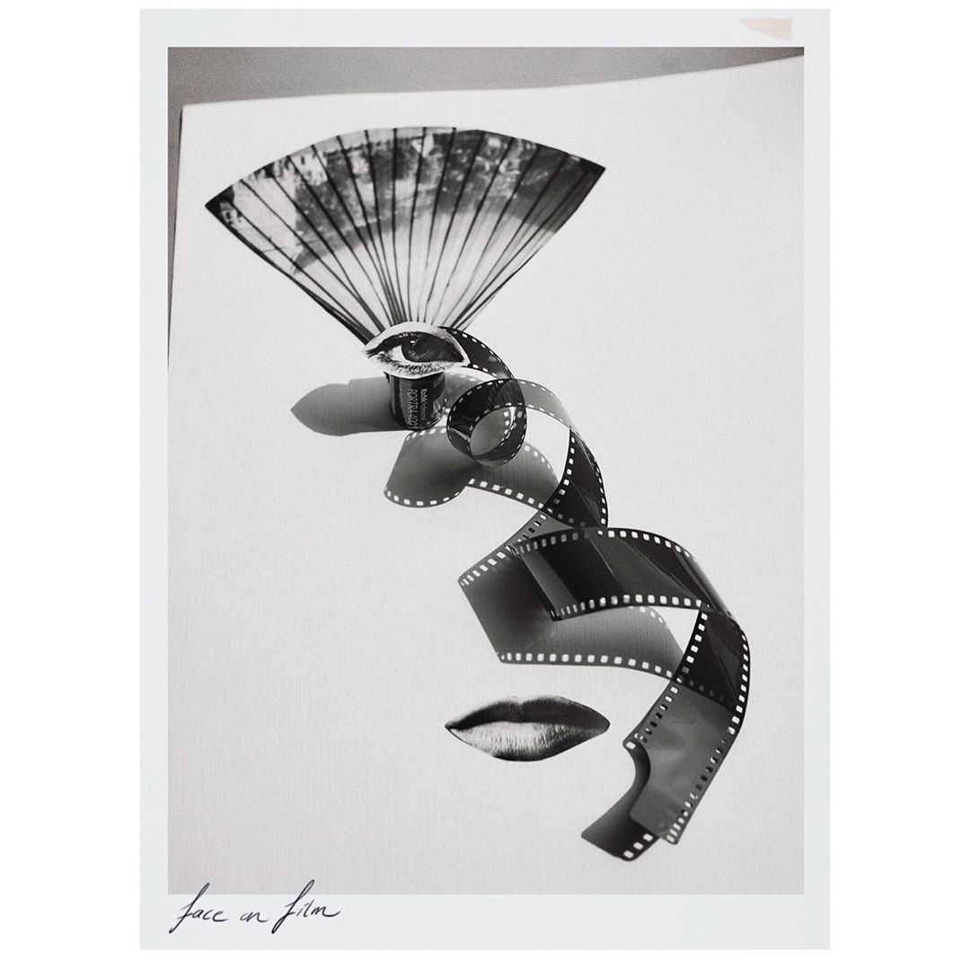 Abstract face art with an eye, lips, fan, and film strip, blending surreal and creative elements in black and white photography.