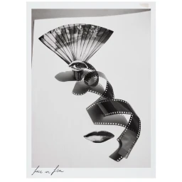 Monochrome photographic collage featuring camera film strips forming abstract facial features on a white paper background.