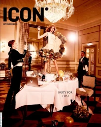 A woman stands atop a banquet table inside a grand hotel ballroom, photographed by Esther Haase.