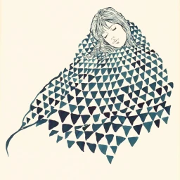 Illustration by Ete 1981 showing a woman wrapped in a blanket with a blue geometric triangle pattern