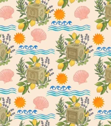 Illustrated repeating pattern featuring soap blocks, lemons, olive branches, sea shells, suns, and wave lines.