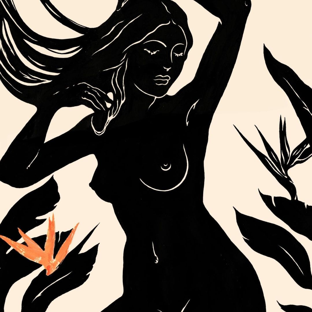 Illustration of a nude woman with long dark hair, shown from the torso up, amid tropical flora, in black and white with a touch of orange.