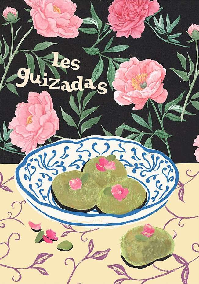 Illustration of light green cakes with small pink flowers on a white and blue decorative plate, set against a floral backdrop.