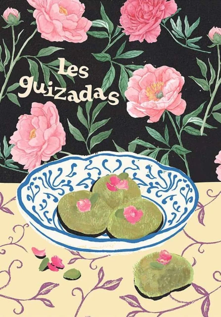 Illustration of light green cakes with small pink flowers on a white and blue decorative plate, set against a floral backdrop.
