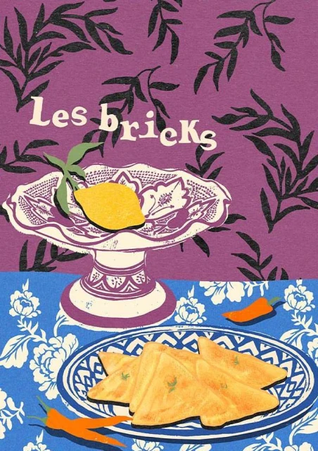 Still life illustration: pastries and lemon on decorative plates against a floral backdrop, created with a textured, block-print aesthetic.