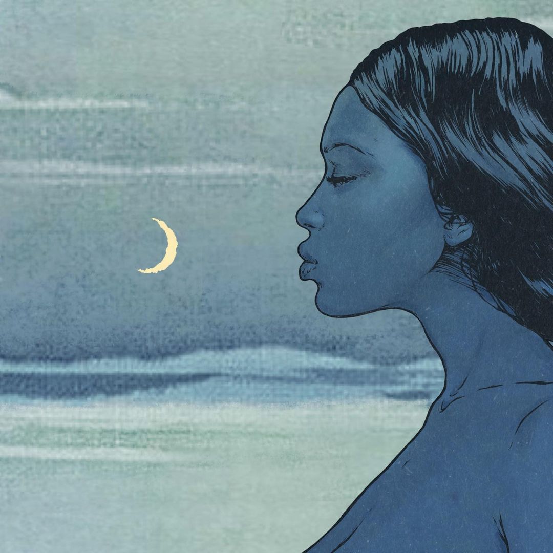 Illustration of a Black woman in profile looking at a crescent moon against a stylized blue sky, rendered with a textured, painterly finish.