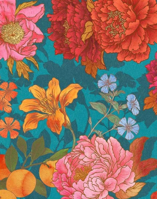 Floral illustration with vibrant pink, red, and orange flowers and green leaves set against a textured teal background.