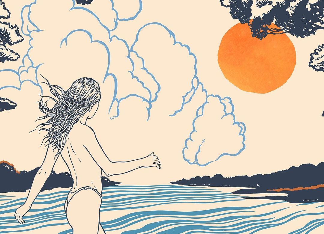 Illustration of a woman walking along a beach with trees in the background and a sun or moon in the sky, artistic style.