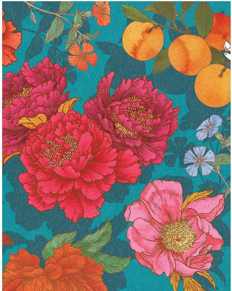 Botanical illustration with pink and orange flowers and green leaves on a blue background, creating a vibrant and colorful floral pattern.