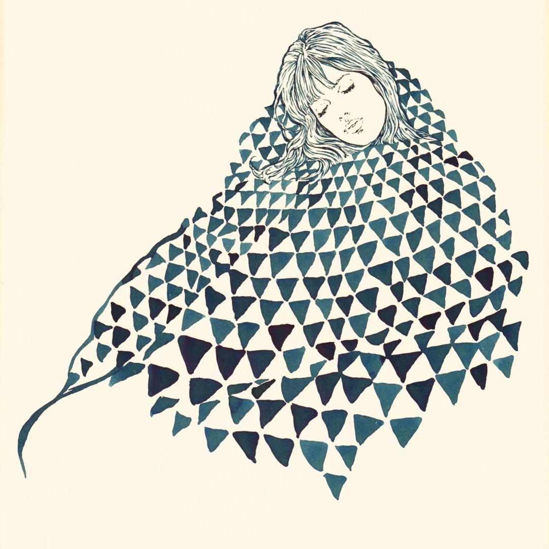 Illustration of a sleeping woman wrapped in a blue geometric-patterned blanket on a white background, rendered in a flat, graphic style.