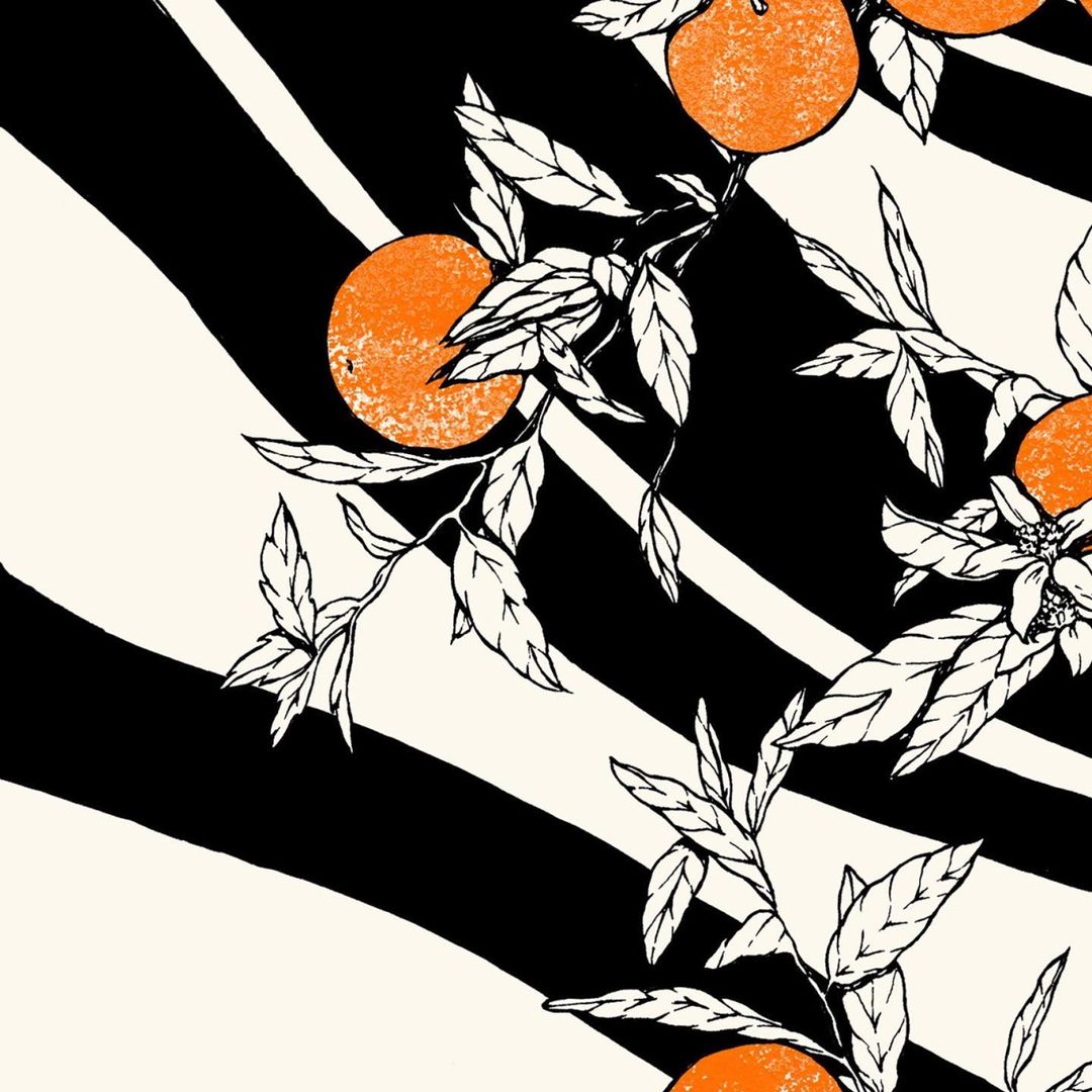 Illustration of oranges with leaves on branches, set against a black and white striped background pattern, creating a vibrant and modern design.
