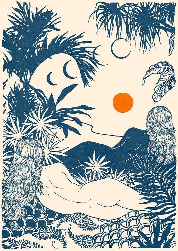 Linocut illustration of two nude women with long hair reclining on a patterned surface in a lush, tropical forest setting.