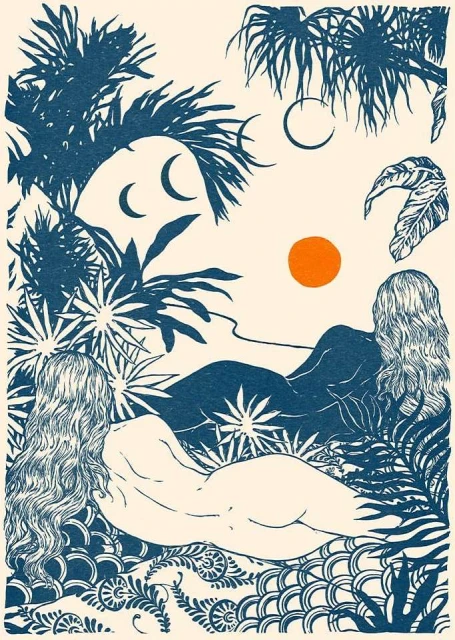 Linocut illustration of two nude women with long hair reclining on a patterned surface in a lush, tropical forest setting.