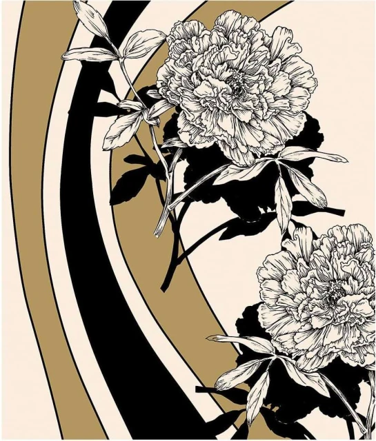 Illustration of peony flowers with a black outline against a striped black, beige, and white curved background on a light beige backdrop.