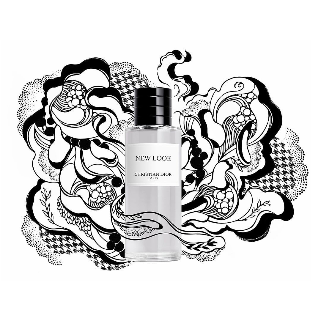 Eau de parfum bottle for women and men, New Look by Christian Dior, on a white surface with an abstract black and white background.