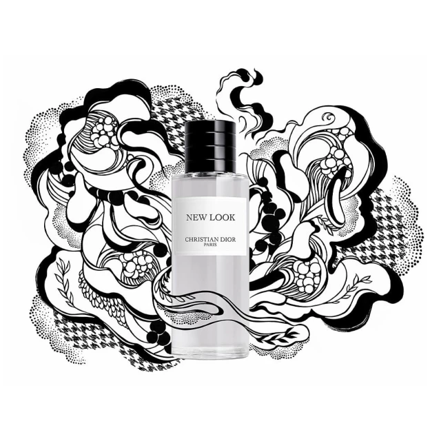 Eau de parfum bottle for women and men, New Look by Christian Dior, on a white surface with an abstract black and white background.