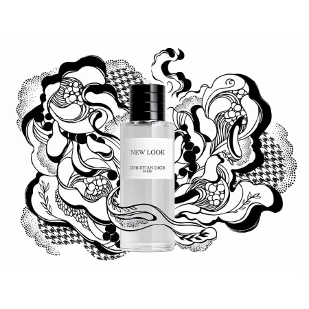 Eau de parfum bottle for women and men, New Look by Christian Dior, on a white surface with an abstract black and white background.