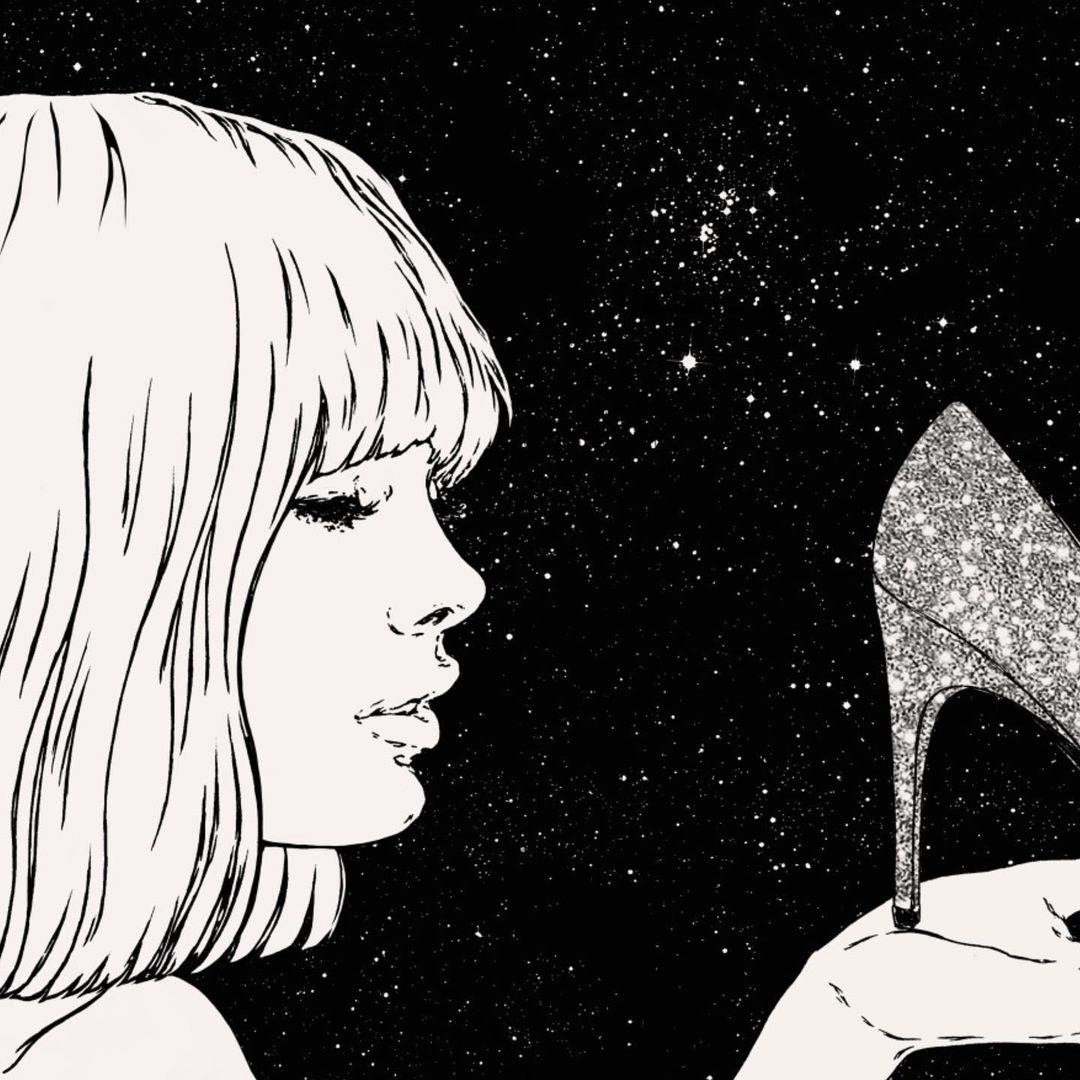 Monochrome illustration of a woman in profile holding a glittering high-heeled shoe against a starry background.