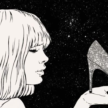 Monochrome illustration of a woman in profile holding a glittering high-heeled shoe against a starry background.